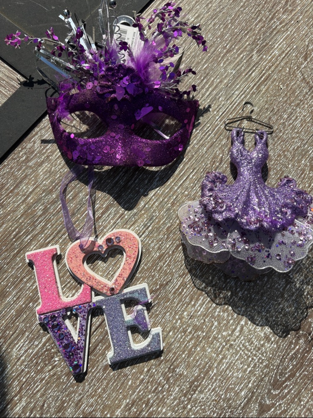 Purple Glitter Masquerade Mask & Dress Ornaments